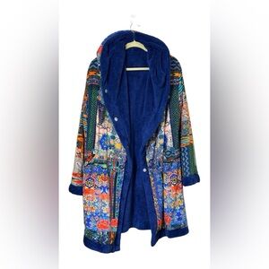 Johnny Was Reversible Sherpa Jacket Blue Boho Print Hooded Coat L